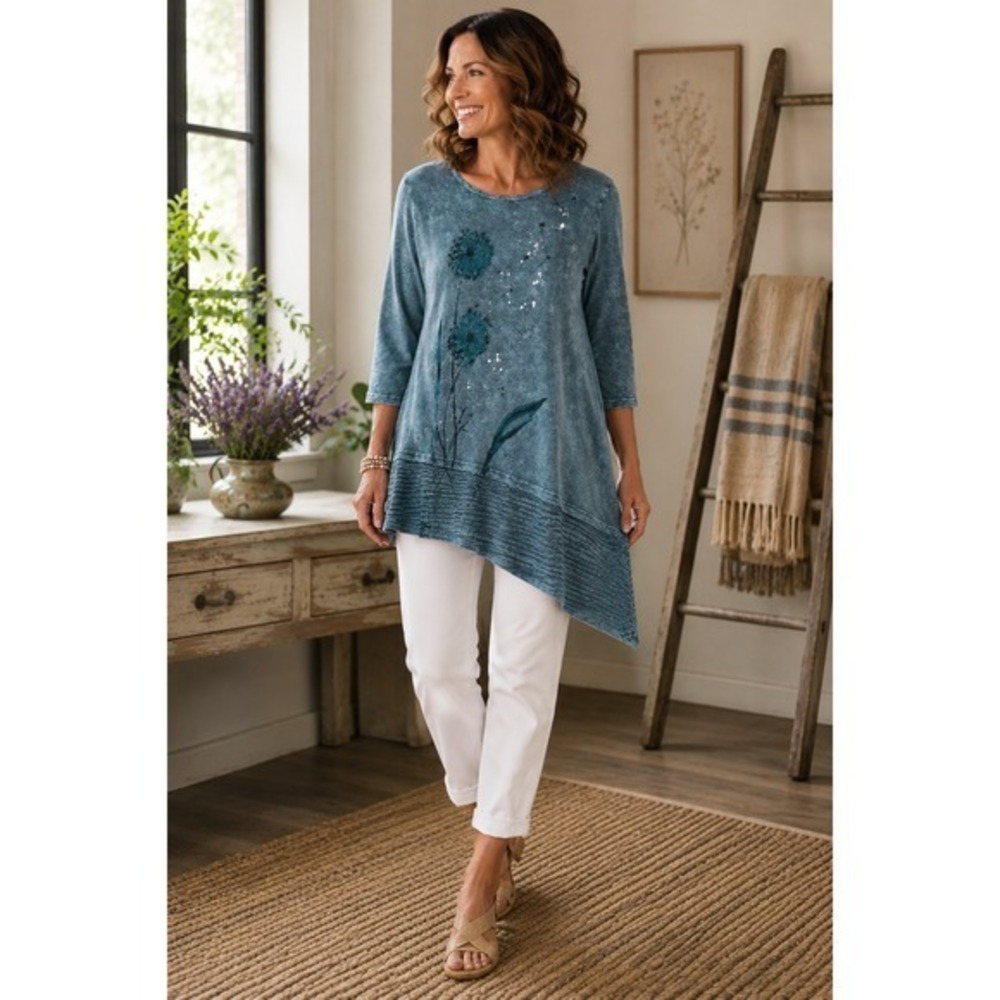 Jess & Jane Artsy Tunic Womens S Blue Mineral Wash Floral Cotton Top